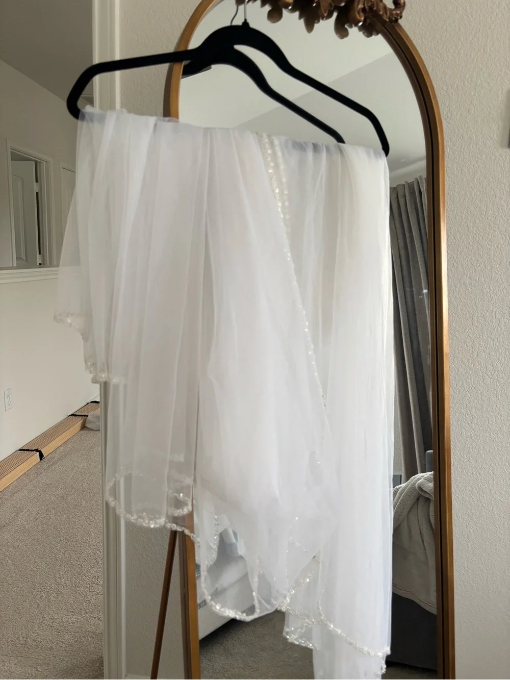 Pearl beaded wedding veil with blusher